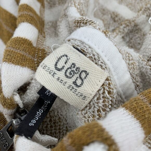 C&S Check and Stripe Terry Cloth Full Zip Hooded Jacket M Cream White Striped - Picture 3 of 6
